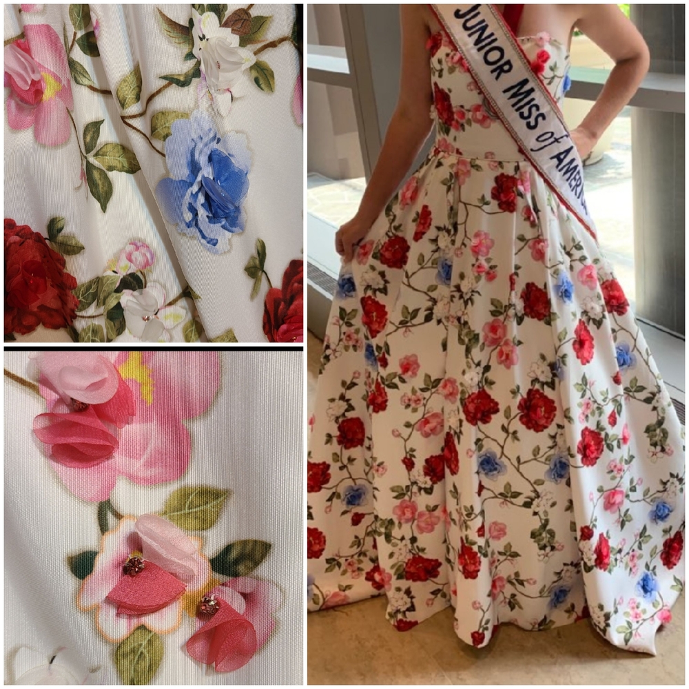 White Gown with Red, Pink, and Blue 3D Floral Accents with Rhinestones